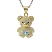 14KT Gold Charm Extra Large White CZ Stones Teddy Bear with Light Blue Heart Belly and Plain Bell
