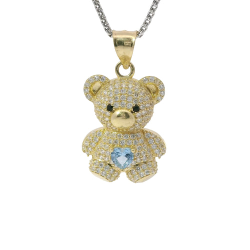 14KT Gold Charm Extra Large White CZ Stones Teddy Bear with Light Blue Heart Belly and Plain Bell