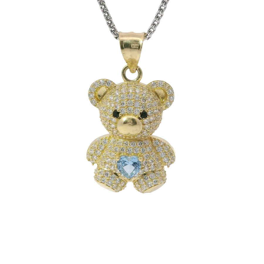 14KT Gold Charm Extra Large White CZ Stones Teddy Bear with Light Blue Heart Belly and Plain Bell