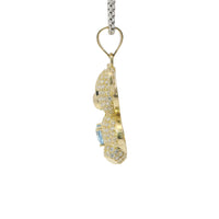 14KT Gold Charm Extra Large White CZ Stones Teddy Bear with Light Blue Heart Belly and Plain Bell