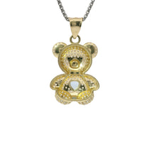 14KT Gold Charm Extra Large White CZ Stones Teddy Bear with Light Blue Heart Belly and Plain Bell