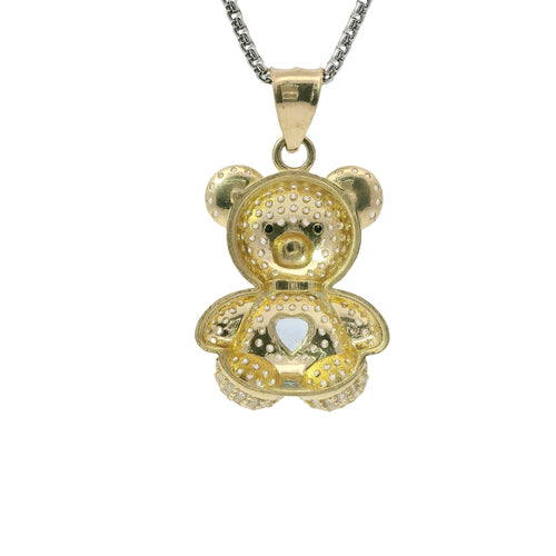 14KT Gold Charm Extra Large White CZ Stones Teddy Bear with Light Blue Heart Belly and Plain Bell