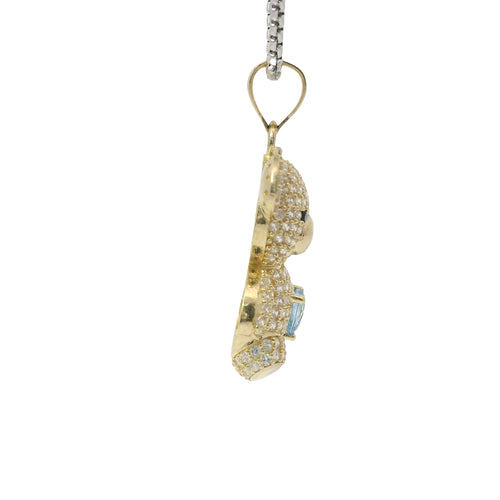 14KT Gold Charm Extra Large White CZ Stones Teddy Bear with Light Blue Heart Belly and Plain Bell