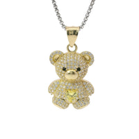14KT Gold Charm Extra Large White CZ Stones Teddy Bear with Yellow Heart Belly and Plain Bell