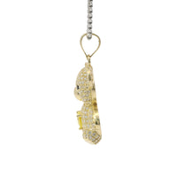 14KT Gold Charm Extra Large White CZ Stones Teddy Bear with Yellow Heart Belly and Plain Bell