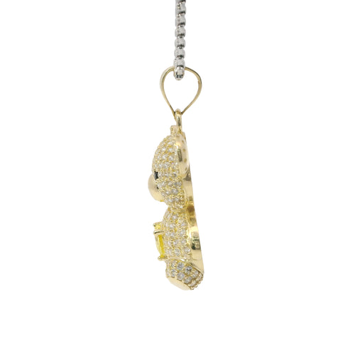 14KT Gold Charm Extra Large White CZ Stones Teddy Bear with Yellow Heart Belly and Plain Bell