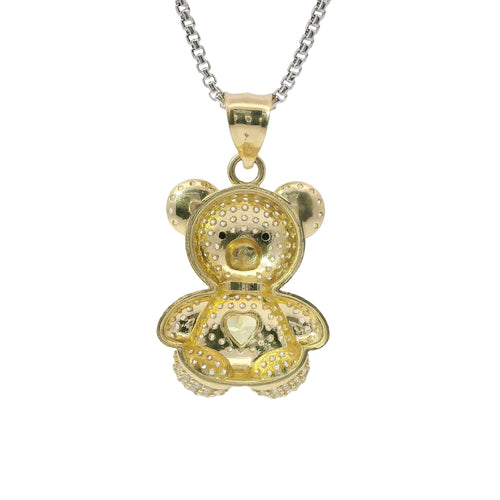 14KT Gold Charm Extra Large White CZ Stones Teddy Bear with Yellow Heart Belly and Plain Bell