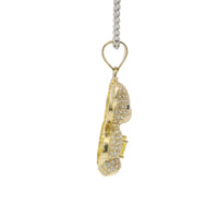 14KT Gold Charm Extra Large White CZ Stones Teddy Bear with Yellow Heart Belly and Plain Bell
