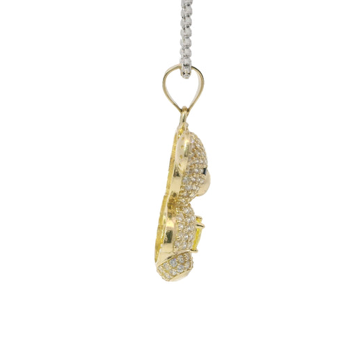 14KT Gold Charm Extra Large White CZ Stones Teddy Bear with Yellow Heart Belly and Plain Bell