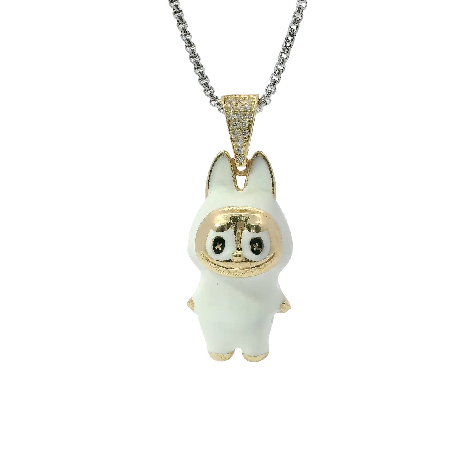 14KT Gold Charm Large 3D White Enamel LaBuBu Body, White Enamel Eyes, and White CZ Stones Bell