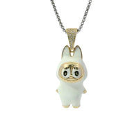 14KT Gold Charm Large 3D White Enamel LaBuBu Body, White Enamel Eyes, and White CZ Stones Bell