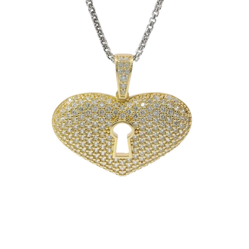 14KT Gold Charm Jumbo Keyhole Center White CZ Stones Heart with White CZ Stones Bell