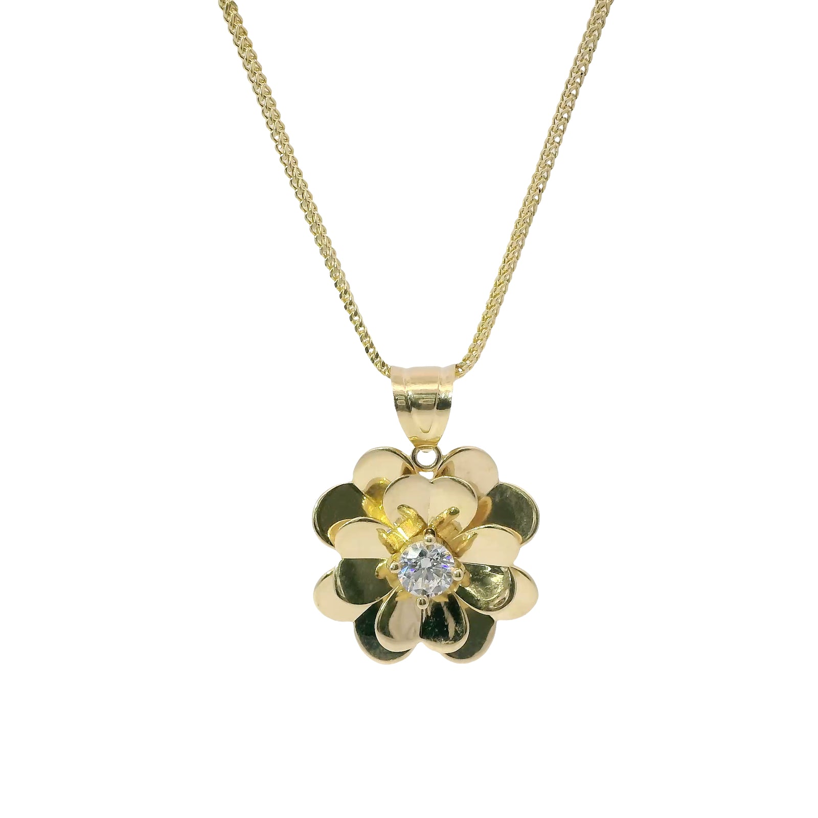 14KT Gold Charm Large Double Layer Heart Petal Flower with White CZ Stone Center and Plain Bell