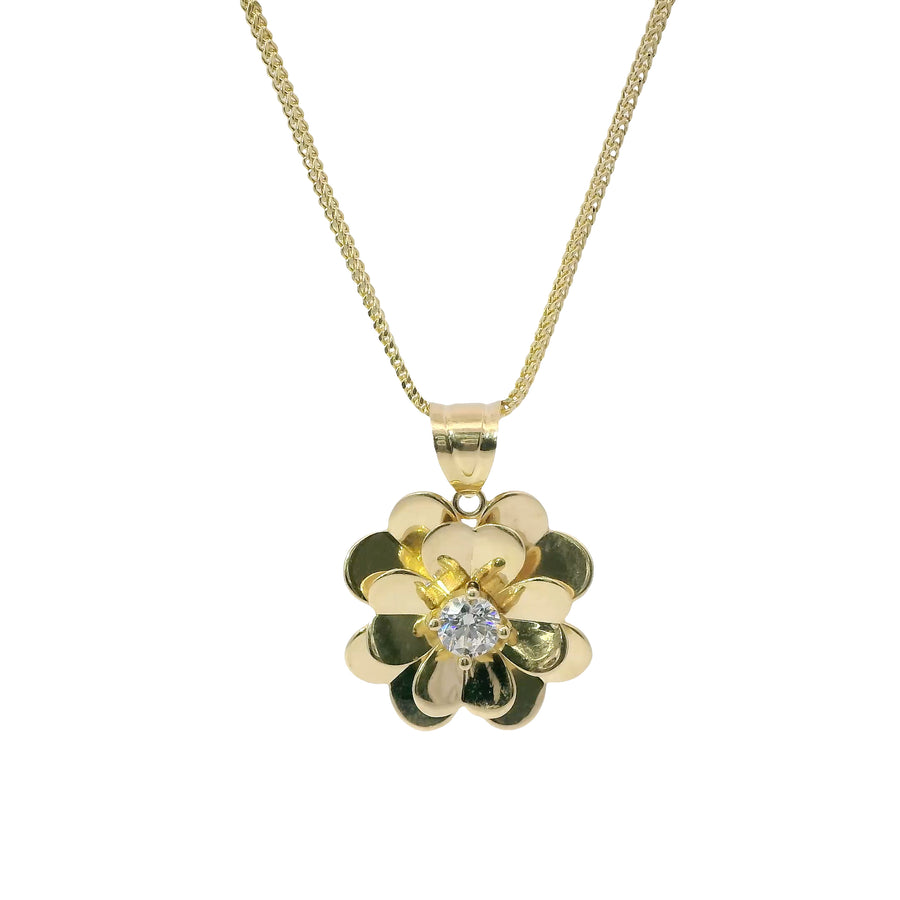 14KT Gold Charm Large Double Layer Heart Petal Flower with White CZ Stone Center and Plain Bell