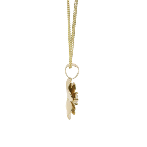 14KT Gold Charm Large Double Layer Heart Petal Flower with White CZ Stone Center and Plain Bell