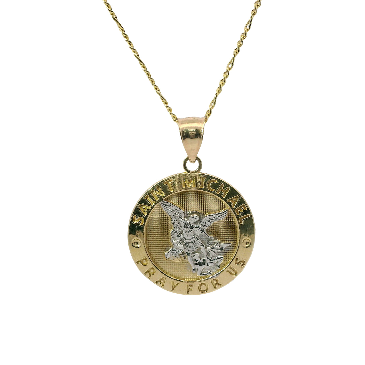 14KT Gold Charm Extra Large Two Tone St Michael Coin with "PRAY FOR US" Border and Plain Bell