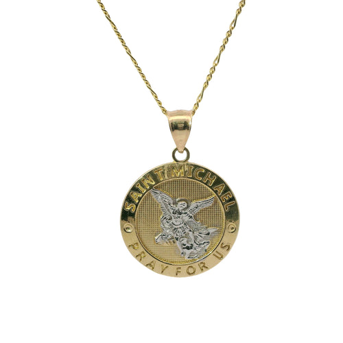 14KT Gold Charm Extra Large Two Tone St Michael Coin with "PRAY FOR US" Border and Plain Bell