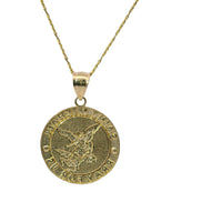 14KT Gold Charm Extra Large Two Tone St Michael Coin with "PRAY FOR US" Border and Plain Bell