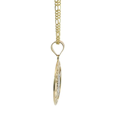 14KT Gold Charm Extra Large Two Tone St Michael Coin with "PRAY FOR US" Border and Plain Bell