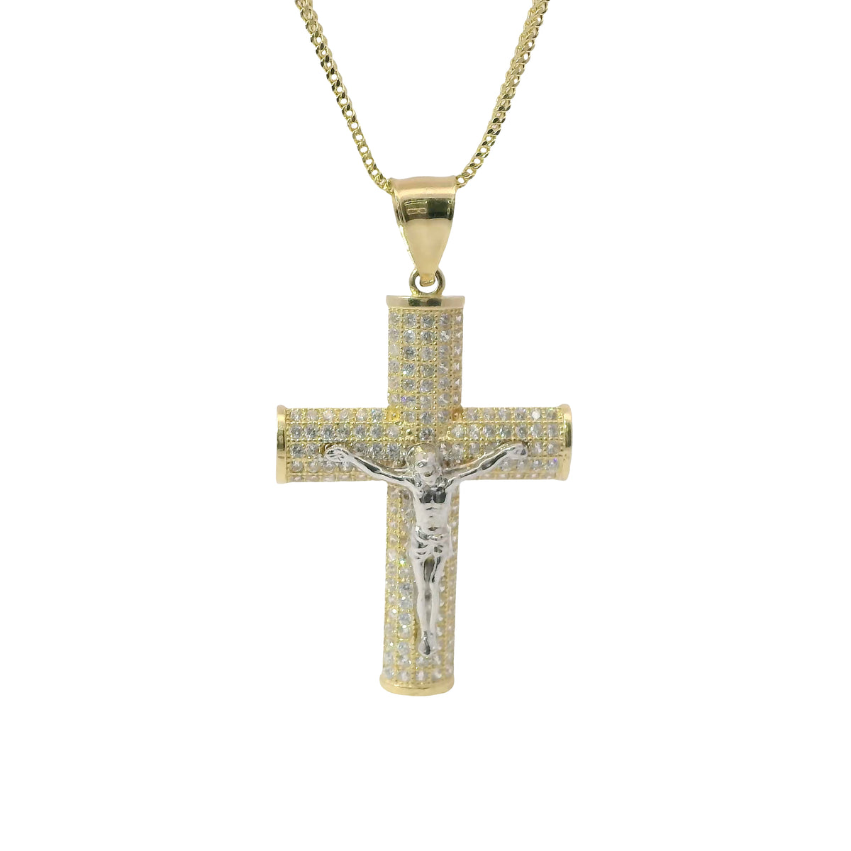 14KT Gold Charm Large Two Tone Five Row White CZ Stones Crucifix Cross with Plain Bell