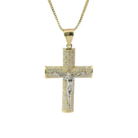 14KT Gold Charm Large Two Tone Five Row White CZ Stones Crucifix Cross with Plain Bell
