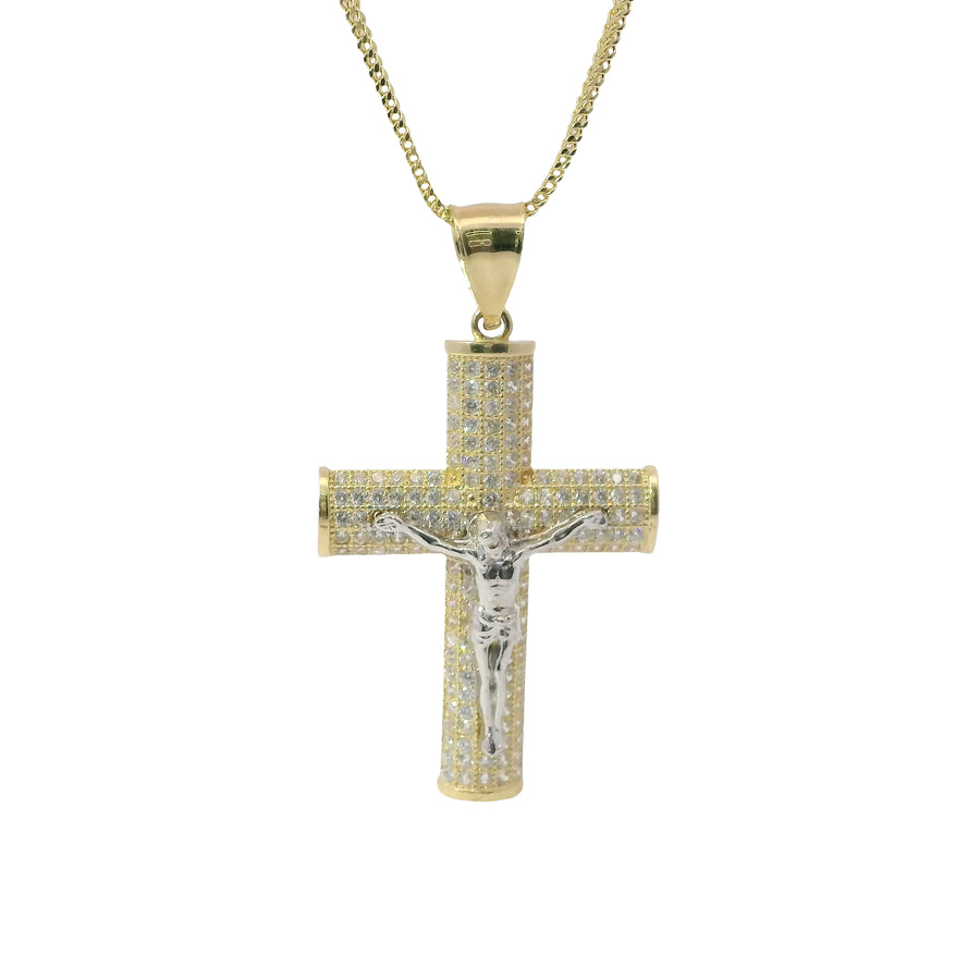 14KT Gold Charm Large Two Tone Five Row White CZ Stones Crucifix Cross with Plain Bell