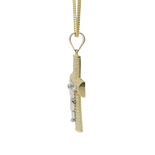 14KT Gold Charm Large Two Tone Five Row White CZ Stones Crucifix Cross with Plain Bell