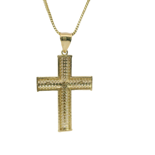 14KT Gold Charm Large Two Tone Five Row White CZ Stones Crucifix Cross with Plain Bell