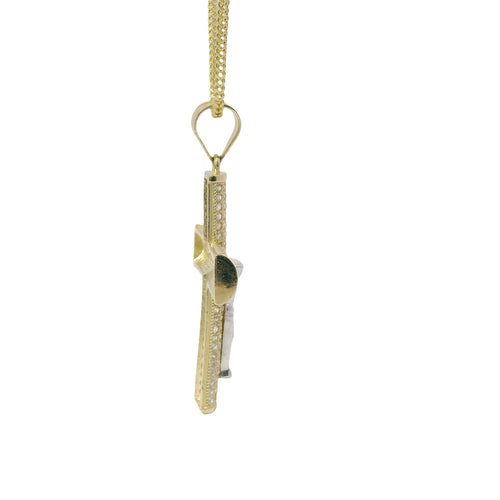 14KT Gold Charm Large Two Tone Five Row White CZ Stones Crucifix Cross with Plain Bell