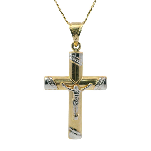 14KT Gold Charm Large Two Tone Crucifix Cross with White Gold Two Stripe Ends and Plain Bell