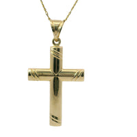 14KT Gold Charm Large Two Tone Crucifix Cross with White Gold Two Stripe Ends and Plain Bell