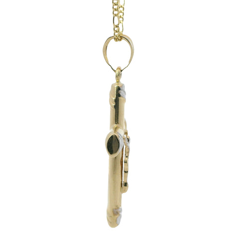 14KT Gold Charm Large Two Tone Crucifix Cross with White Gold Two Stripe Ends and Plain Bell