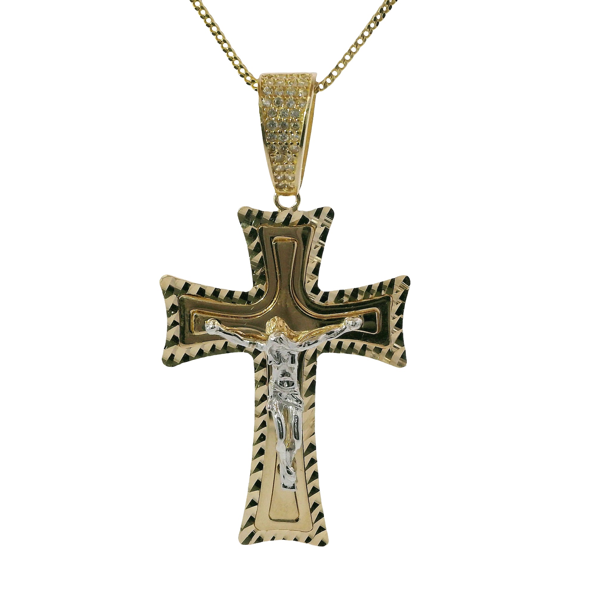 14KT Gold Charm Large Two Tone Diamond Cut Plain Center Platform Crucifix Cross with White CZ Stone Bell