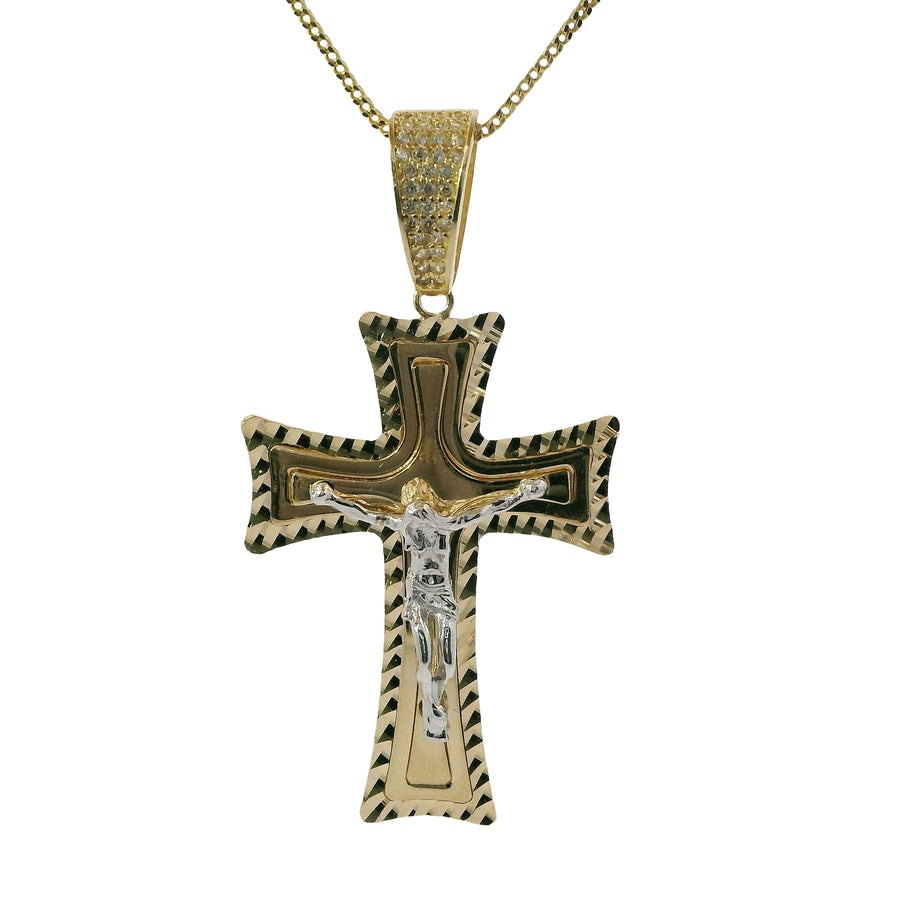 14KT Gold Charm Large Two Tone Diamond Cut Plain Center Platform Crucifix Cross with White CZ Stone Bell