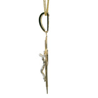 14KT Gold Charm Large Two Tone Diamond Cut Plain Center Platform Crucifix Cross with White CZ Stone Bell