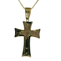 14KT Gold Charm Large Two Tone Diamond Cut Plain Center Platform Crucifix Cross with White CZ Stone Bell