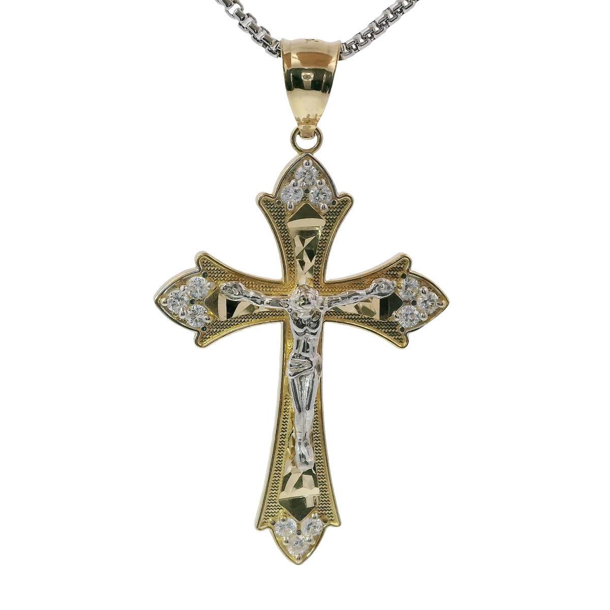 14KT Gold Charm Large Flare End Cross with White CZ Stones Tips and Two Tone Jesus Crucifix Center and Plain Bell