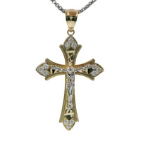 14KT Gold Charm Large Flare End Cross with White CZ Stones Tips and Two Tone Jesus Crucifix Center and Plain Bell
