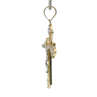 14KT Gold Charm Large Flare End Cross with White CZ Stones Tips and Two Tone Jesus Crucifix Center and Plain Bell