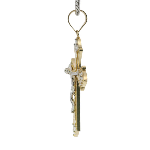 14KT Gold Charm Large Flare End Cross with White CZ Stones Tips and Two Tone Jesus Crucifix Center and Plain Bell