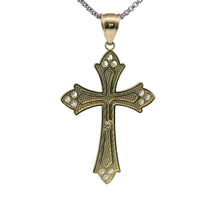 14KT Gold Charm Large Flare End Cross with White CZ Stones Tips and Two Tone Jesus Crucifix Center and Plain Bell