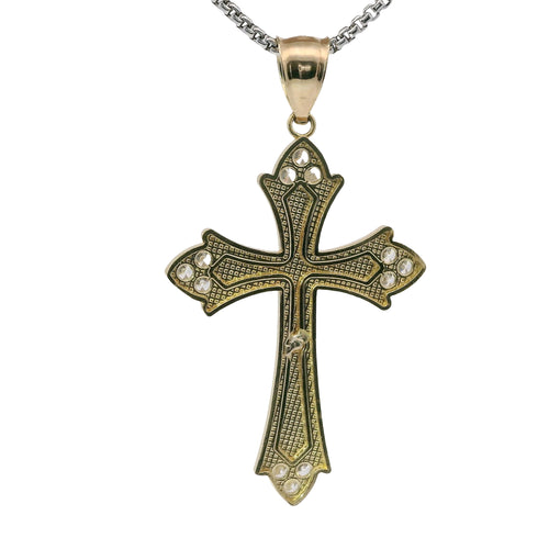14KT Gold Charm Large Flare End Cross with White CZ Stones Tips and Two Tone Jesus Crucifix Center and Plain Bell