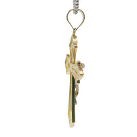 14KT Gold Charm Large Flare End Cross with White CZ Stones Tips and Two Tone Jesus Crucifix Center and Plain Bell