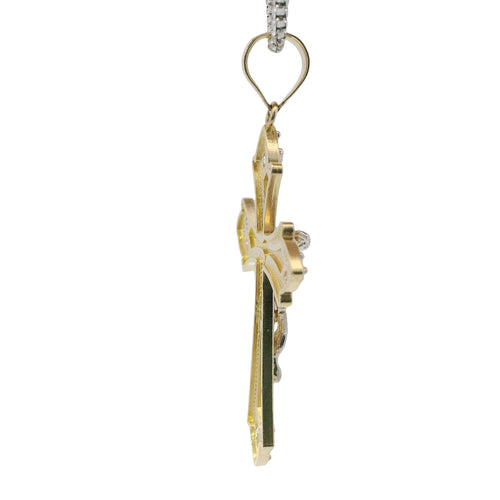 14KT Gold Charm Large Flare End Cross with White CZ Stones Tips and Two Tone Jesus Crucifix Center and Plain Bell