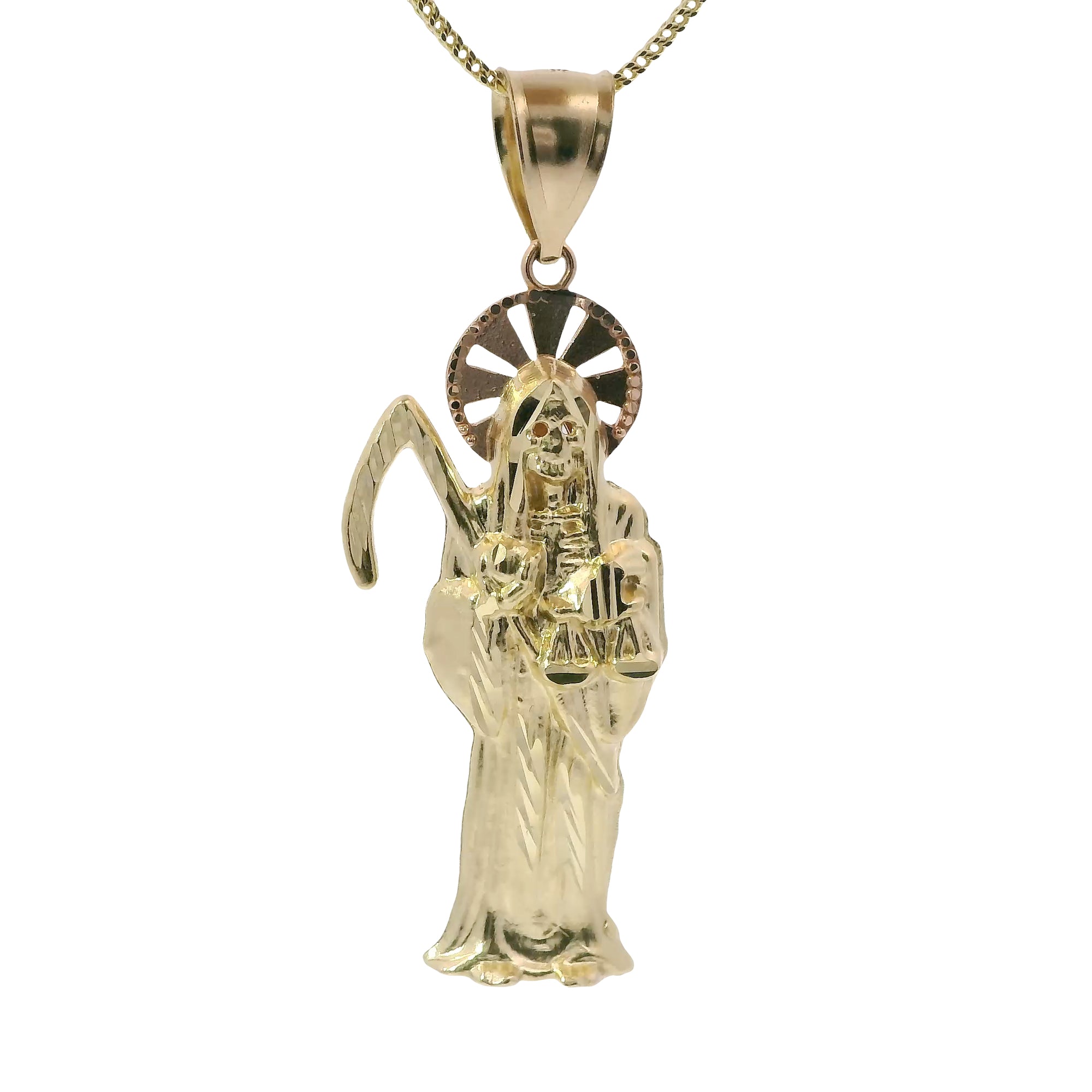 14KT Gold Charm Large Two Tone St Muerte Grim Reaper with Plain Bell