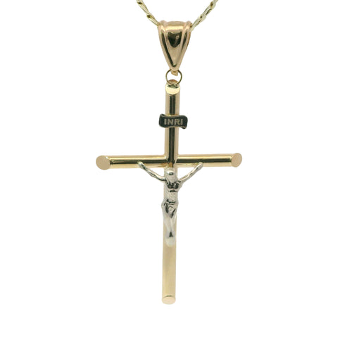 14KT Gold Charm Large Two Tone Hollow Tube Slant Ends Crucifix Cross with Plain Bell