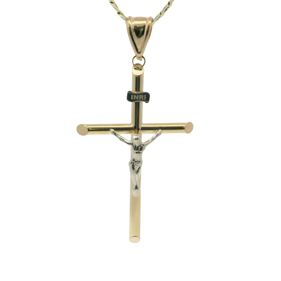 14KT Gold Charm Large Two Tone Hollow Tube Slant Ends Crucifix Cross with Plain Bell