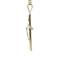 14KT Gold Charm Large Two Tone Hollow Tube Slant Ends Crucifix Cross with Plain Bell