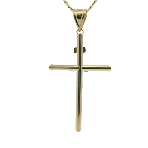 14KT Gold Charm Large Two Tone Hollow Tube Slant Ends Crucifix Cross with Plain Bell
