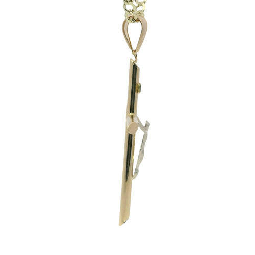 14KT Gold Charm Large Two Tone Hollow Tube Slant Ends Crucifix Cross with Plain Bell